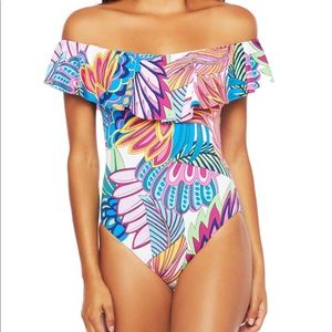 Trina Turk Paradise Plume off shoulder bathing suit one piece size 4 green blue